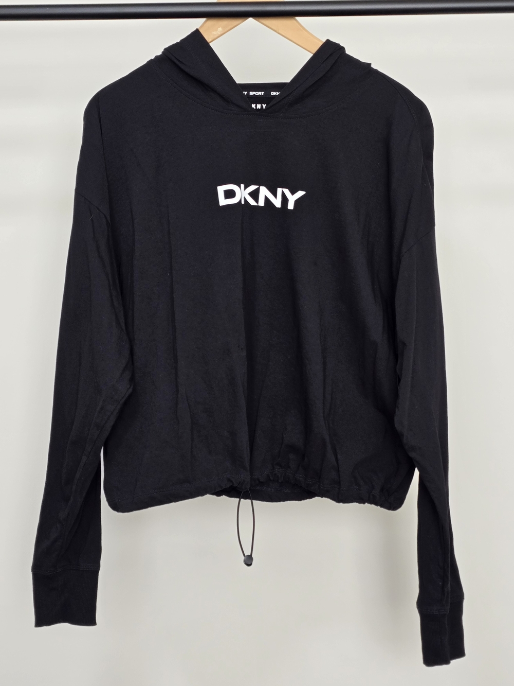 DKNY Black Hoodie with White Logo and Drawstring Hem